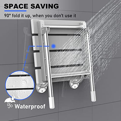 Folding Shower Seat, Wall Mounted Bathroom Safety Stool Chair with Support Legs, Foldable Wall Wood Shower Bench for Seniors (White)