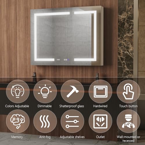 42" W Smart Lighted Medicine Cabinet with Mirror for Bathroom, Recessed/Surface Mount Medicine Cabinet with Anti-Fog, 1800W Charging Station, USB Ports, 3 Color Lights