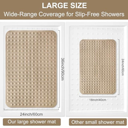 Shower Mat Non Slip, 36" x 24" Large Shower Floor Mat with Drain Holes and Suction Cups, Soft TPE Anti Slip Shower Stall Mats for Inside Shower, Machine Washable, Khaki - color: Khaki