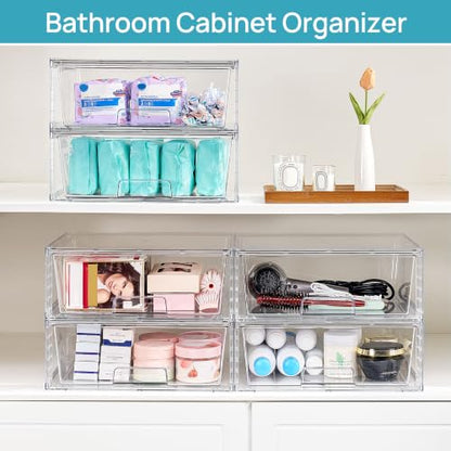 Vtopmart 2 Pack Large Clear Stackable Storage Drawers for Closet, Pantry | Easily Assemble Bathroom Undersink Organizers,Plastic Storage Bins for Cabinet,Kitchen Pantry Organization