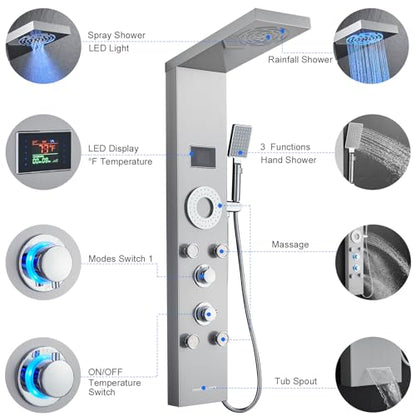 LED Shower Panel Tower System, Stainless Steel Rainfall & Mist Shower Tower, 5 Body Jets, Handheld Shower, Tub Spout and Hydroelectricity Temperature Display, Brushed Nickel - color: Brushed Nickel - 5 Body Jets