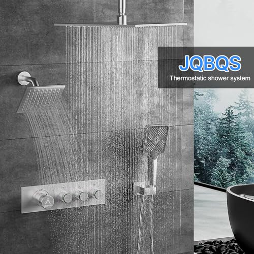 Shower System Brass Thermostatic Shower Faucet Set With Valve and Diverter Shower Mixer With Rain Head and Handheld High Pressure Square Rainfall - color: Brushed Nickel, style: 12+6'' Wall Mount Thermostatic Valve