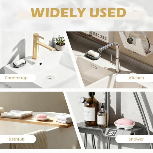 BlingKingdom 2 PCS Silicone Soap Dishes, Soap Tray with Drain | Non-Slip, Portable Self Draining Soap Holder for Shower, Bathroom, Kitchen Sink (White and Grey)