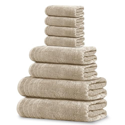 8 Piece Towel Set, 2 XL Bath, 2 Hand, 4 Washcloth, Beige | 100% Cotton, Lighter Weight, Quicker to Dry, Super Absorbent, Perfect for Bathroom - color: Beige