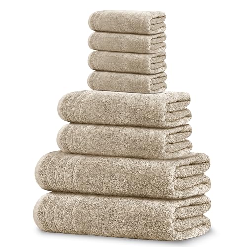 8 Piece Towel Set, 2 XL Bath, 2 Hand, 4 Washcloth, Beige | 100% Cotton, Lighter Weight, Quicker to Dry, Super Absorbent, Perfect for Bathroom - color: Beige