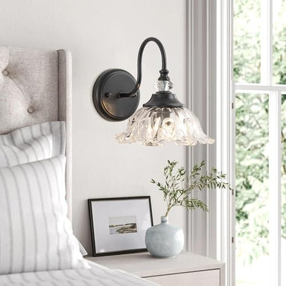 1-Light Black Vintage Wall Sconce, Flower Glass Shade Wall Mounted Light Fixture, E26 Base Farmhouse Vanity Lighting for Bathroom Bedroom Hallway Entryway
