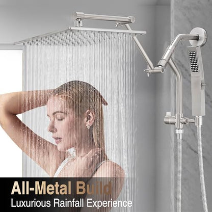 All Metal 10 Inch Rain Shower Head with Handheld Built-in Power Wash Mode, High Pressure Waterfall Rainfall Square Shower Heads with 16" Adjustable Extension Arm, Dual Showerhead(Brushed Nickel) - color: Brushed Nickel, size: 10 Inch
