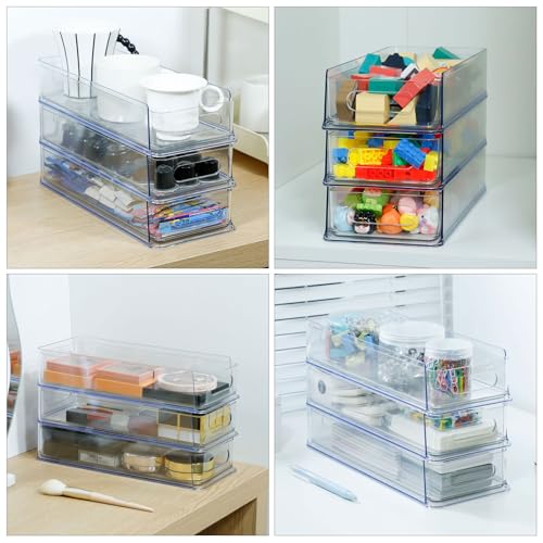 3 Tier Stackable Storage Drawer Organizer, Clear, Small | Plastic, Narrow Pull Out Container, For Under Sink, Corner, Kitchen Cabinet, Coffee bar, Pantry, Laundry, Countertop