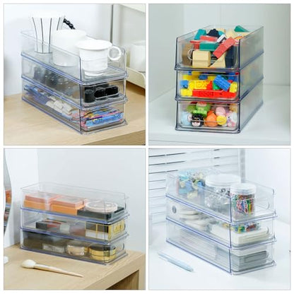 3 Tier Stackable Storage Drawer Organizer, Clear, Small | Plastic, Narrow Pull Out Container, For Under Sink, Corner, Kitchen Cabinet, Coffee bar, Pantry, Laundry, Countertop