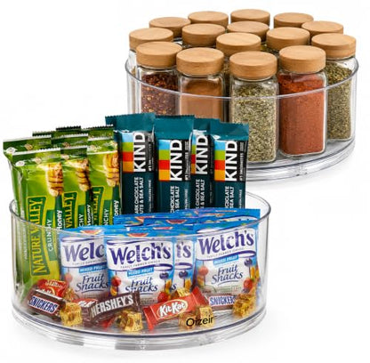 Oizeir Lazy Susan Turntable (2-Pack) - Clear Acrylic, Rotates 360 Degrees, Easily Organize Your Fridge, Cabinet or Counter - Carousel Storage for Food, Spices, Cosmetics | Clear Acrylic, Non-Skid, Raised Edge; Rotating Spice Rack for Kitchen, Pantry, Frid