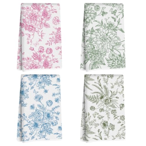 ZHAMEN 4 Pcs Floral Waffle Kitchen Towel Soft Absorbent Hand Tea Towels | Microfiber Dish Cloths for Drying Dishes, Kitchen Home Bathroom Decor, Housewarming Gifts for Women Mom, 14x24 Inch - color: Multi 1567