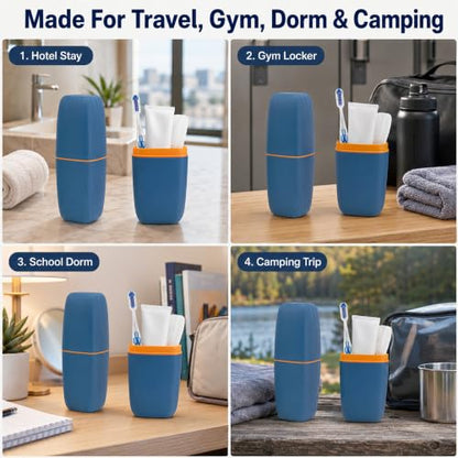 Portable Toothbrush Travel Case, 2 in 1 Holder & Rinse Cup with Cover | Portable Large Capacity Holds Toothbrush Toothpaste Comb for Travel Camping - color: Blue
