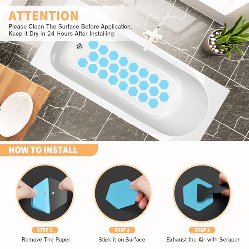Non Slip Bathtub Stickers, Shower Stickers for Safety Bathroom Tubs, Bathtub Non Slip Stickers and Adhesive Decals Scraper for Bath Tub, Shower Floor, Stairs, Ladders(Square Shape) (24, Blue) - color: Blue