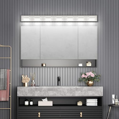 Ralbay 55inch Brushed Nickel Vanity Light for Bathroom 7-Light Metal Acrylic Modern LED Bathroom Light Fixtures - color: Brushed Nickel, size: 55 inch