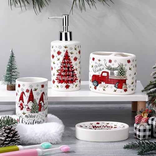 4 Pcs Christmas Ceramic Bathroom Accessories Gifts Xmas Bath Tumbler Xmas Tree Soap Dispenser Toothbrush Holder Soap Tray Merry Christmas Bathroom Decorations(Red and Black Plaid) - style: Red and Black Plaid