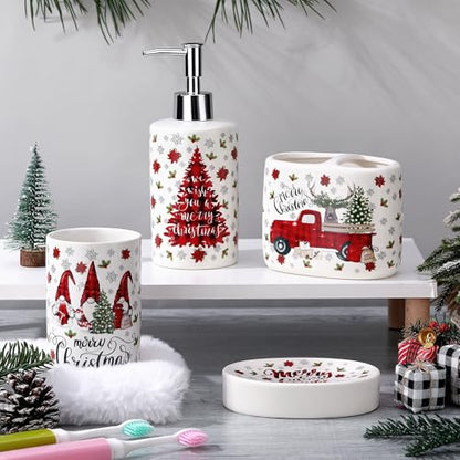 4 Pcs Christmas Ceramic Bathroom Accessories Gifts Xmas Bath Tumbler Xmas Tree Soap Dispenser Toothbrush Holder Soap Tray Merry Christmas Bathroom Decorations(Red and Black Plaid) - style: Red and Black Plaid