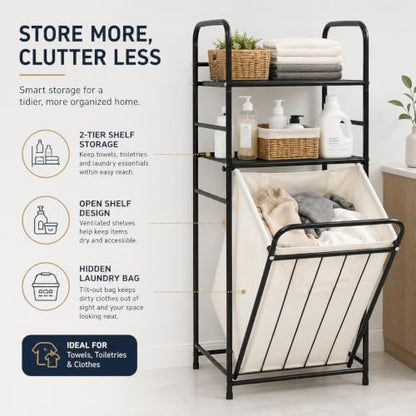 Tilt Out Laundry Hamper with Shelves, 3-Tier Storage Cabinet with Removable Liner Bag, 16.9" x 13" x 39.4" Carbon Steel Frame for Bathroom, Bedroom, Laundry Room - Black