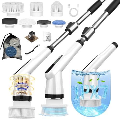 Dreazu Electric Spin Scrubber, 10-in-1 Shower Scrubber & Retractable Long Handle, 44 lbs High-Torque & Variable Speed Shower Cleaning Brush for Bathroom,Toilet, Bathtub, Kitchen, Tile Floors - color: White&black