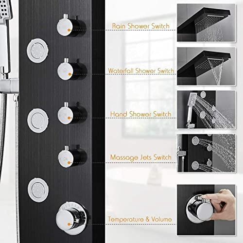 LED Light Shower Panel Tower Rainfall Waterfall Shower Head with Massager Jets Body System Jet Black B (Color : Black E) - color: Black E