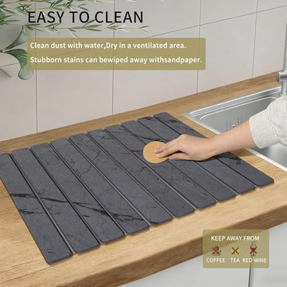 Stone Dish Drying Mat for Kitchen Counter, Large Foldable Marble Quick Dry Diatomaceous Earth Mat with 4 Stone Coasters Set, Ultra Absorbent Collapsible Drying Pad for Bathroom - color: Gray