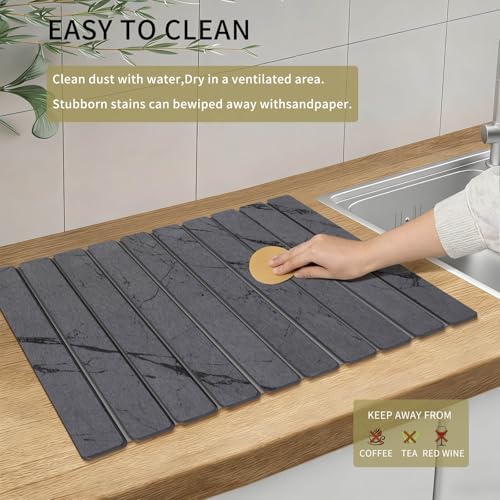 Stone Dish Drying Mat for Kitchen Counter, Large Foldable Marble Quick Dry Diatomaceous Earth Mat with 4 Stone Coasters Set, Ultra Absorbent Collapsible Drying Pad for Bathroom - color: Gray