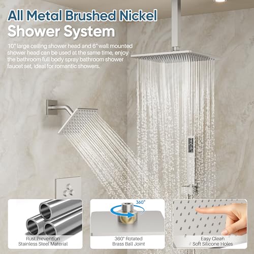 Nickel Shower System, Brushed Nickel Shower Faucet Set, 10'' Ceiling Shower Head, 6'' Wall Mounted Shower Head, 3 In 1 Push Button Shower Valve Kit, Waterfall ShowerHead with Handheld, Brushed Nickel - color: Brushed Nickel