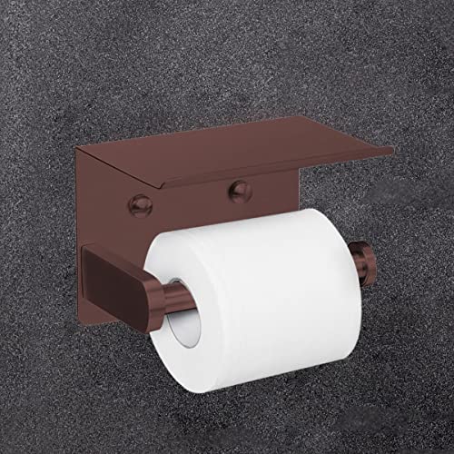 VAEHOLD Self Adhesive Toilet Paper Holder with Phone Shelf Stainless Steel Wall Mounted Toilet Paper Roll Holder - Rustproof and Bathroom Washroom Tissue Roll Holder with Shelf - Red Copper - color: Red Copper