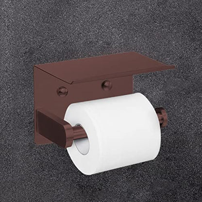 VAEHOLD Self Adhesive Toilet Paper Holder with Phone Shelf Stainless Steel Wall Mounted Toilet Paper Roll Holder - Rustproof and Bathroom Washroom Tissue Roll Holder with Shelf - Red Copper - color: Red Copper