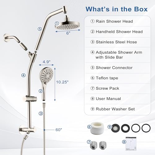 BRIGHT SHOWERS Rain Shower Head with Handheld Combo, Dual Shower System with Slide Bar, Rain Shower System, Adjustable Height, Brass Slide Bar & Diverter, 60 Inch Stainless Steel Hose, Brushed Nickel - color: Brushed Nickel
