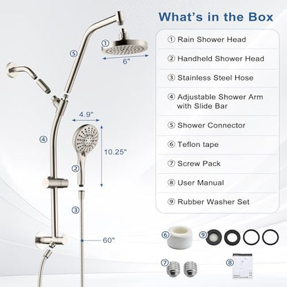 BRIGHT SHOWERS Rain Shower Head with Handheld Combo, Dual Shower System with Slide Bar, Rain Shower System, Adjustable Height, Brass Slide Bar & Diverter, 60 Inch Stainless Steel Hose, Brushed Nickel - color: Brushed Nickel