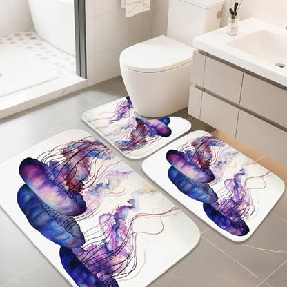 Bathroom Mat Set Ocean Nautical Tropical Modern Aesthetic Pretty Bathroom Rugs Sets 3 Piece Jellyfish, Memory Foam Bath Rugs, U-Shaped Toilet Rug Non Slip Absorbent Purple White - color: Color19