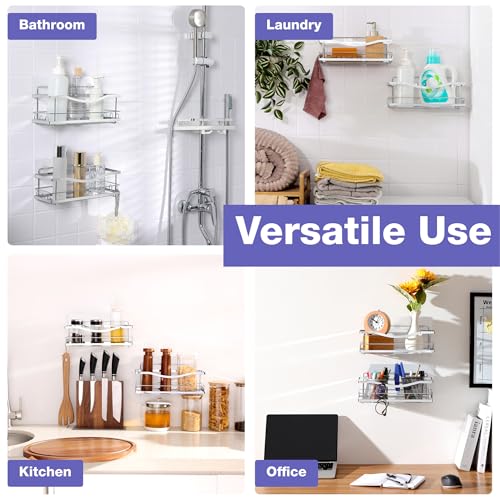 Iron Shower Caddies - Self Adhesive Bathroom Shelves for Showers - Wall Organizer Shampoo Holder Shelf - Peel and Stick On Caddy Bath Tub Rack - Pack of 2 Holders - Silver