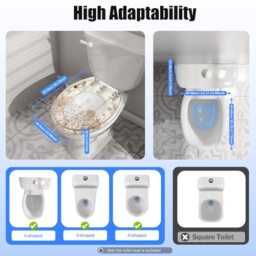 Resin Toilet Seat Round Soft Close Quick Release Heavy Duty Toilet Seats with Clear Seashells Cover Acrylic Seats Ocean Series