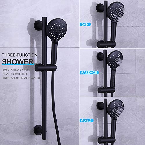 Shower Slide Bar with three Function Massaging Hand Shower Head Adjustable SUS 304 Stainless Steel Black D500011B - color: Black