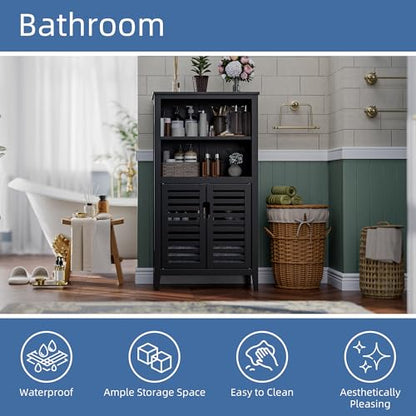 HITNET Black Bathroom Storage Cabinet, Freestanding Bamboo Floor Cabinet 5 Tier Tall Kitchen Cupboard with Door and Removable Shelves - color: Black