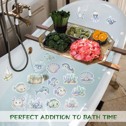 Bathtub Non-Slip Stickers for Shower - 20 PCS Bathroom Large Cute Sea Creature Anti-Slip Grips Stickers with Scraper for Kids Bath Tub and Slippery Floor Decor