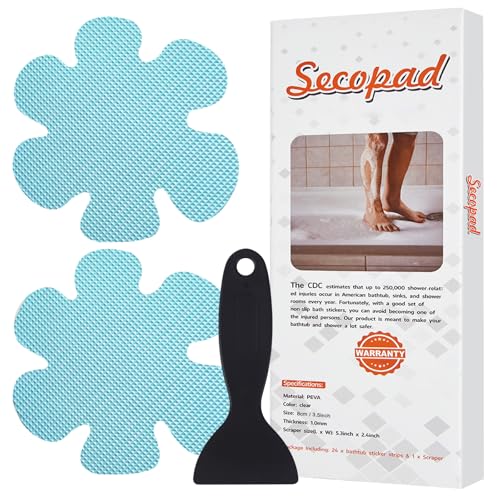 Secopad Bathtub Stickers Non-Slip, 24PCS Safety Shower Treads Adhesive Appliques with Premium Scrape (Blue) | 3.15" * 3.15", Strong Adhesive, Excellent Traction & Slip Resistance, Easy to use, For Bathtub, Shower Floor, Stairs - color: Blue