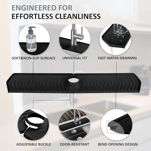 Extra Long Silicone Faucet Mat, 76cm Double-Sided Drain Pad for Kitchen Sink & Bathroom, Flexible Splash Guard with Center Hole, Non-Slip, Easy to Clean, Fits Most Faucets (Black) - color: Black