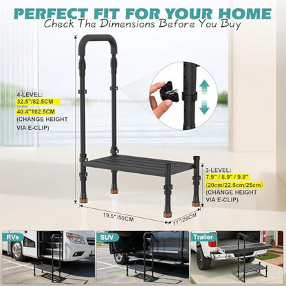 Medical Step Stool, Wide Platform, Adjustable Handrail & Legs | Adjustable handrail(32.5”-40.4”) & sturdy steel frame. 800 lb capacity. Use on bed, car SUV & bathroom. Safe for seniors. - color: Black