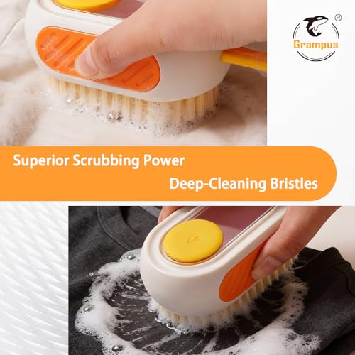 All-in-One Refillable Scrub Brush with Built-in Tank, Press to Dispense Solution for Multi-Surface Cleaning: Clothes, Shoes, Wheels, Kitchen, Bathroom. Hangable, Large Capacity, Dense PET Bristles