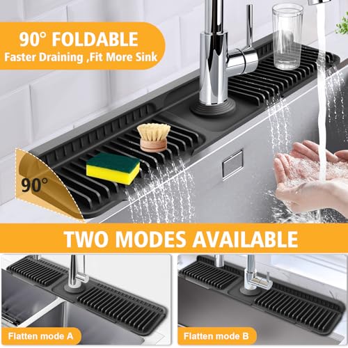 24-Inch Kitchen Sink Splash Guard Mat | 7° Slope for Fast Self-Draining | Snap-Lock Design | Universal & Cuttable Silicone Faucet Mat (Black) - color: Black, size: 24" x 5.5"