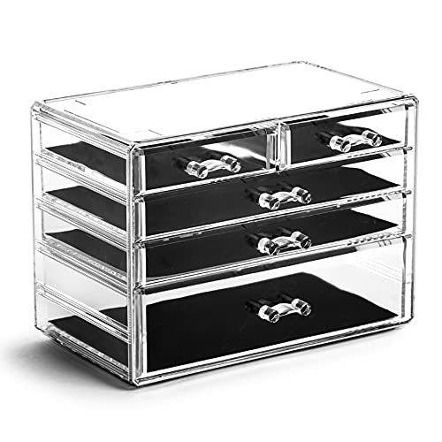 BINO THE MANHATTAN SERIES Acrylic Makeup Drawer Organizer-3 Large 2 Small Drawer | Clear Beauty Organizers and Storage| Cosmetic & Makeup Organizer | Home Organization| Jewelry & Vanity Accessories - size: 3 Large, 2 Small Drawer
