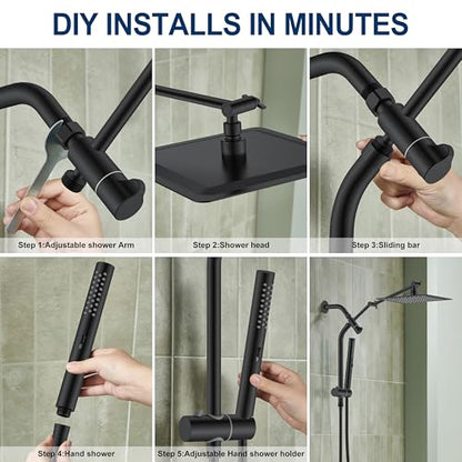 Matte Black 10 Inch All Metal Rain Shower Head with Handheld Spray | High Pressure Rainfall Shower Head wih Adjustable Extension Arm, Dual Showerhead Set with 60" Shower Hose, Square Rainfall - color: Matte Black