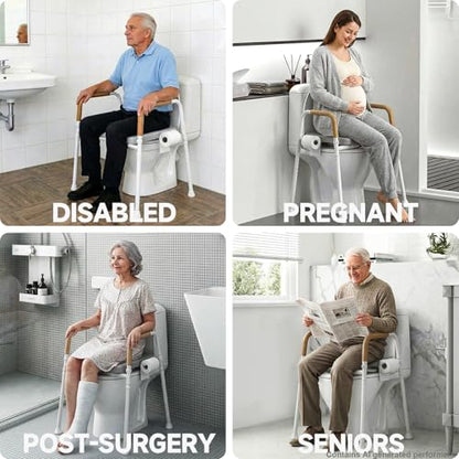 Raised Toilet Seat with Handles for Seniors, Toilet Seat Riser | Unobstructed Front Design, Adjustable Height, For Elderly & Handicap, Fits Any Toilet, 350lbs Capacity