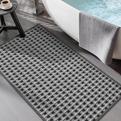 YIHOUSE Bathroom Rugs 16" x 32", Ultra Thin Checkered Weave Bath Mat - Soft Absorbent Quick Dry Bath Mat, Machine Washable Non Slip Bath Rugs for Bathroom, Shower & Tub, Dark Gray Light Gray - color: Dark Gray Light Gray, size: 16"x32"