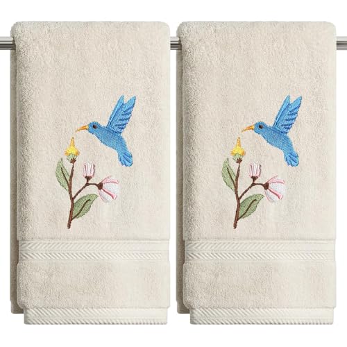 Artoid Mode 2 Pcs Beige Bird Floral Embroidered Hand Towels for Bathroom, 100% Cotton Soft Absorbent Farmhouse Decor Towels, 13.7 x 29.5 Inch - color: Beige, size: 13.7" x 29.5", 2PCS