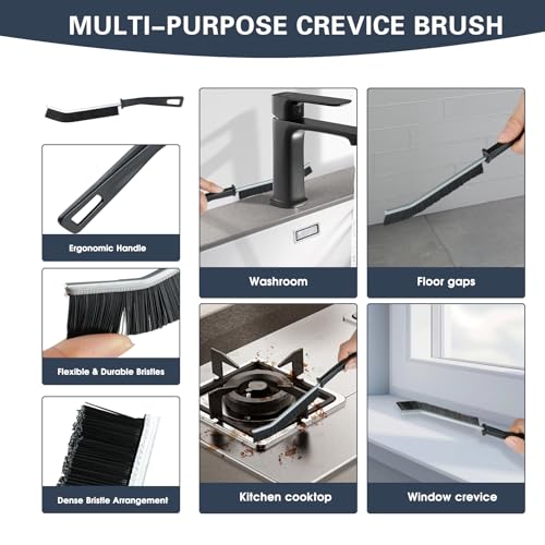 Floor Scrub Brush with Long Handle, 2 in 1 V-Shape Grout Brush with Squeegee + 2 Crevice Cleaning Brushes, Heavy Duty Stiff Bristle Scrubber Brush for Cleaning Shower Bathroom Kitchen Tile