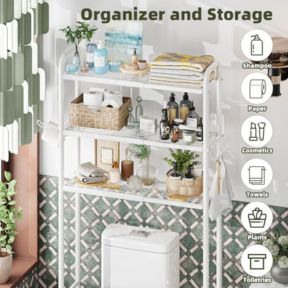 Simple Trending Expandable Over The Toilet Storage Rack, Metal 3 Tier Bathroom Organizer Shelf with Paper Holder and 3 Hooks, White - color: White