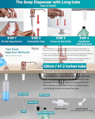 Brass Kitchen Soap Dispenser, Red Copper in Sink Liquid Dish Soap Dispenser, Under Sink Hand Metal Dispenser Pump, 47.2" Silicone Long Tube for 0.79 "- 1.38" Bottle Mouths - color: Red Copper, size: With Hose