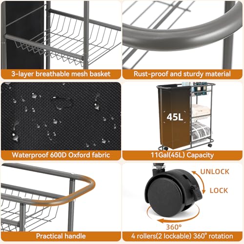 3-Tier Rolling Laundry Cart with Wheels and 45L Bag, Black | Between Washer and Dryer, Heavy Duty, For Narrow Space Laundry Room Bathroom Bedroom - color: Black